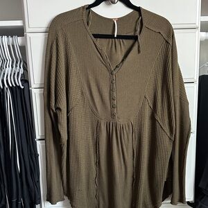 Free People Olive Button-Front Waffle Top